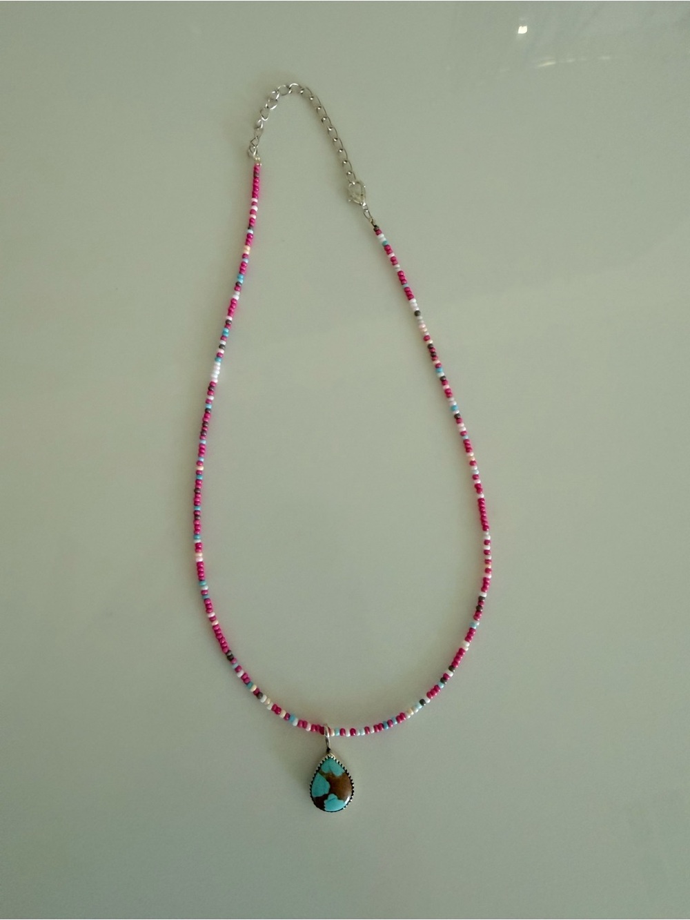Pink Bead Necklace with Number 8 Turquoise Teardrop Pendant - Picture 2 of 3